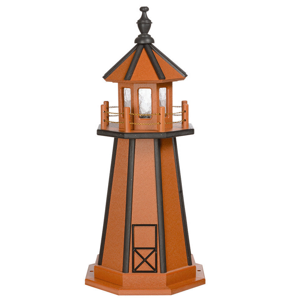 Cedar toned lighthouse with black corner stripes and roof, black finial, gold chain railing and black door outline