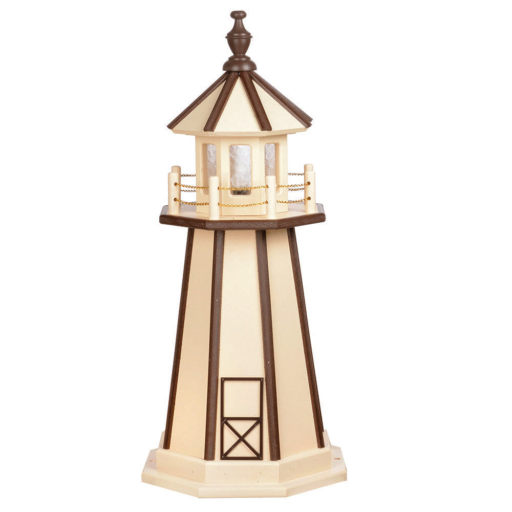 Ivory wooden lighthouse with brown corner stripes, brown roof and finial, gold chain railing and ivory base