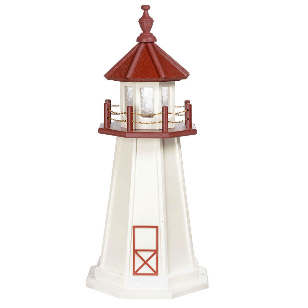 White wooden lighthouse with cherry red roof and railing, red door outline, gold chain and wide white octagonal base