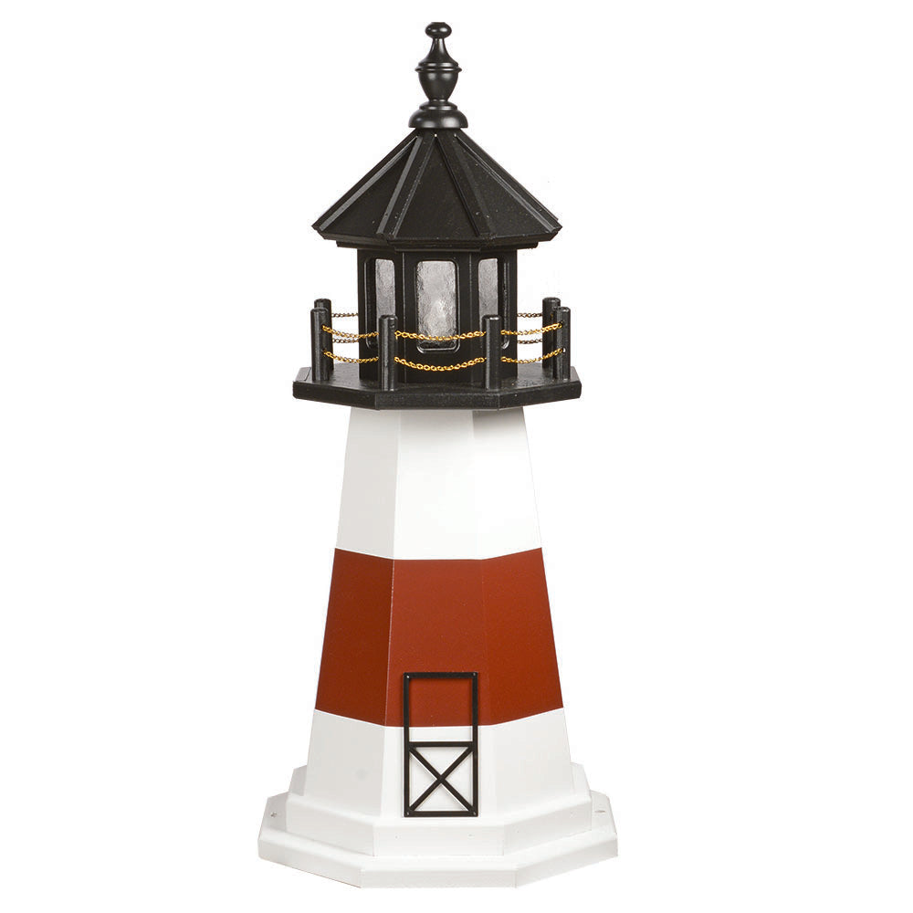 White lighthouse with a brick red band around the tower, black lantern room, chain railing and black door outline
