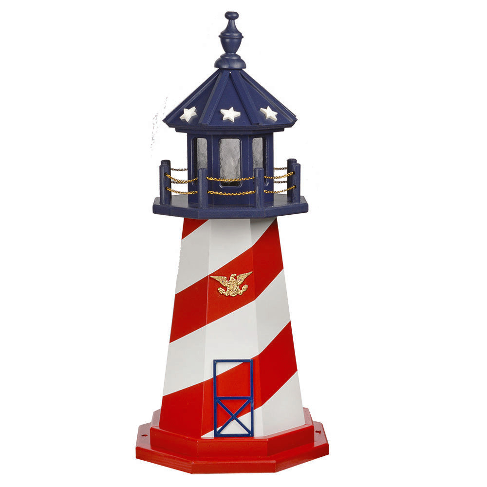 Patriotic wooden lighthouse with red and white spiral stripes, gold eagle, blue star lantern room and red base