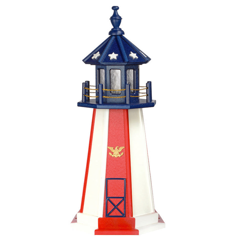 Patriotic lighthouse with white tower, red vertical stripe, gold eagle emblem and a starred blue lantern room