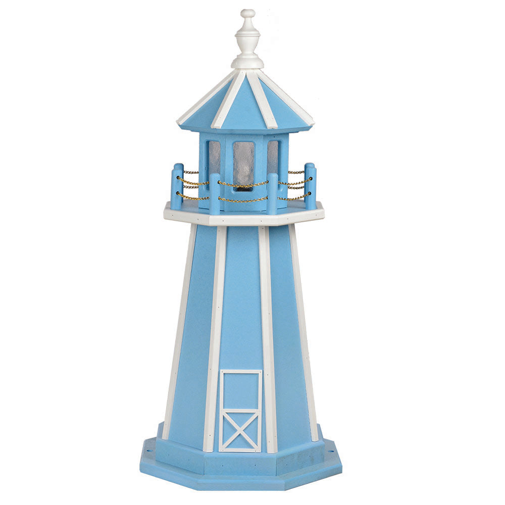 Powder blue wooden lighthouse with white corner stripes and door, white railing and finial, blue lantern room
