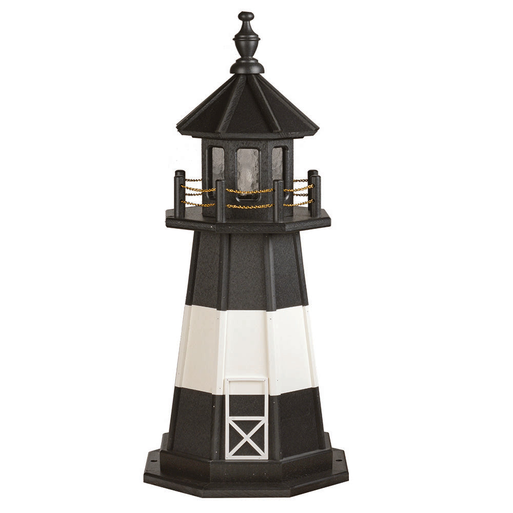 Black lighthouse with a wide white band and door outline, black lantern room, gold chain railing and finial