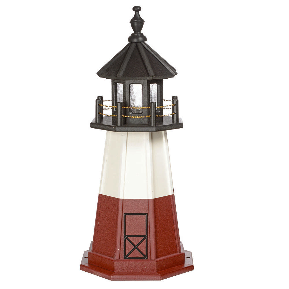 Brick red lighthouse with a white band around the middle, black lantern room, chain railing and black door outline