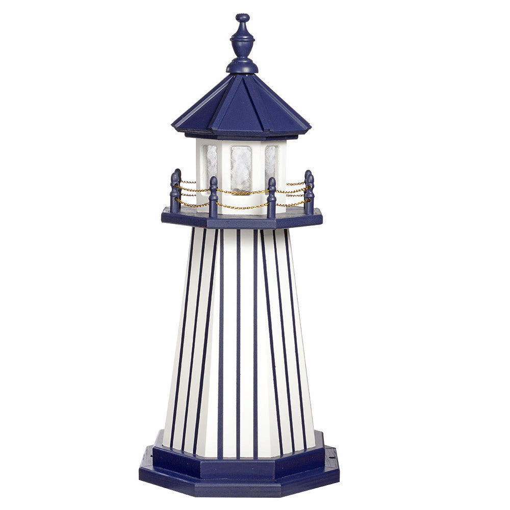 White lighthouse with fine navy blue corner stripes, navy lantern room and railing, gold chain and blue base