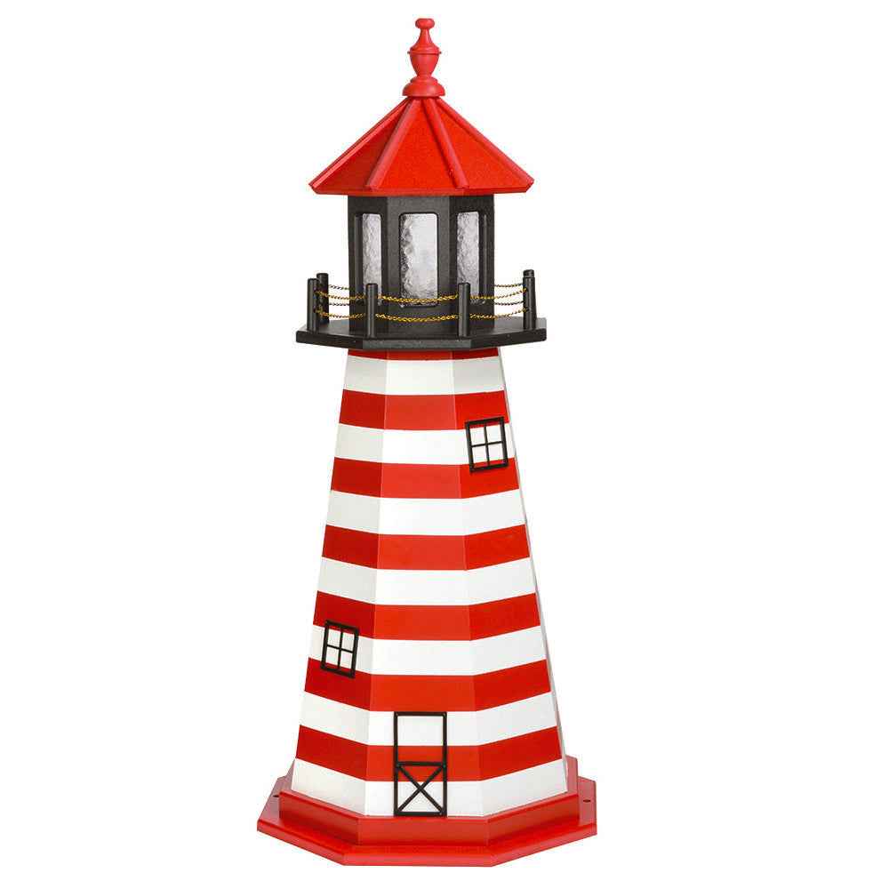 Red and white horizontally banded lighthouse with black lantern room under a red roof, black windows and doorway