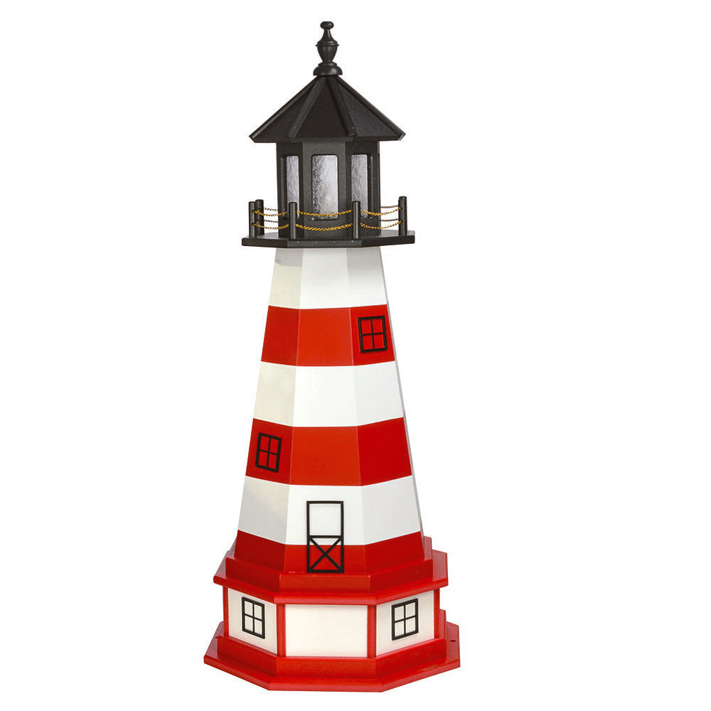 Red and white banded lighthouse with black lantern room on a red and white paneled base with window details