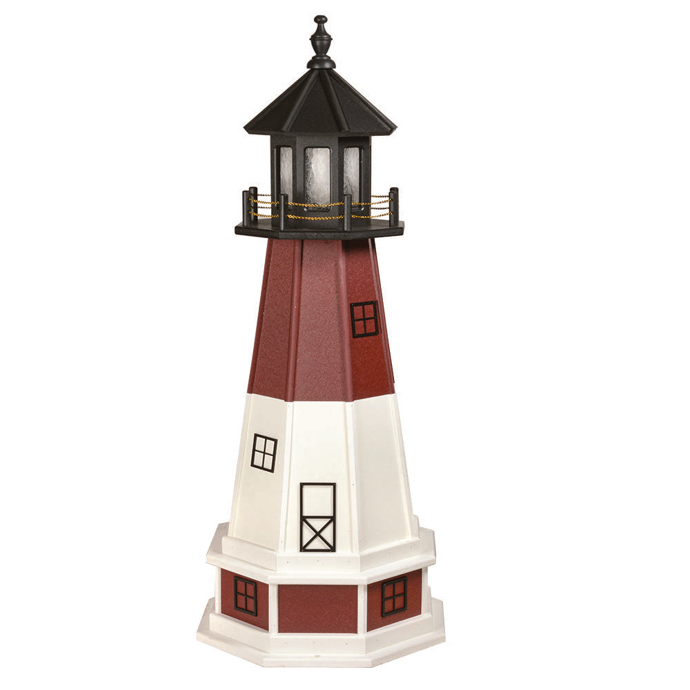 Cherry red and white lighthouse with black lantern room, standing on a wide white base with red window panels