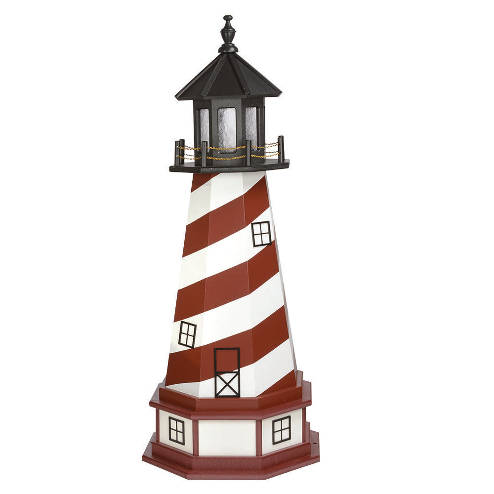 Cherry red and white spiral striped lighthouse with black lantern room and a red base with ivory window panels