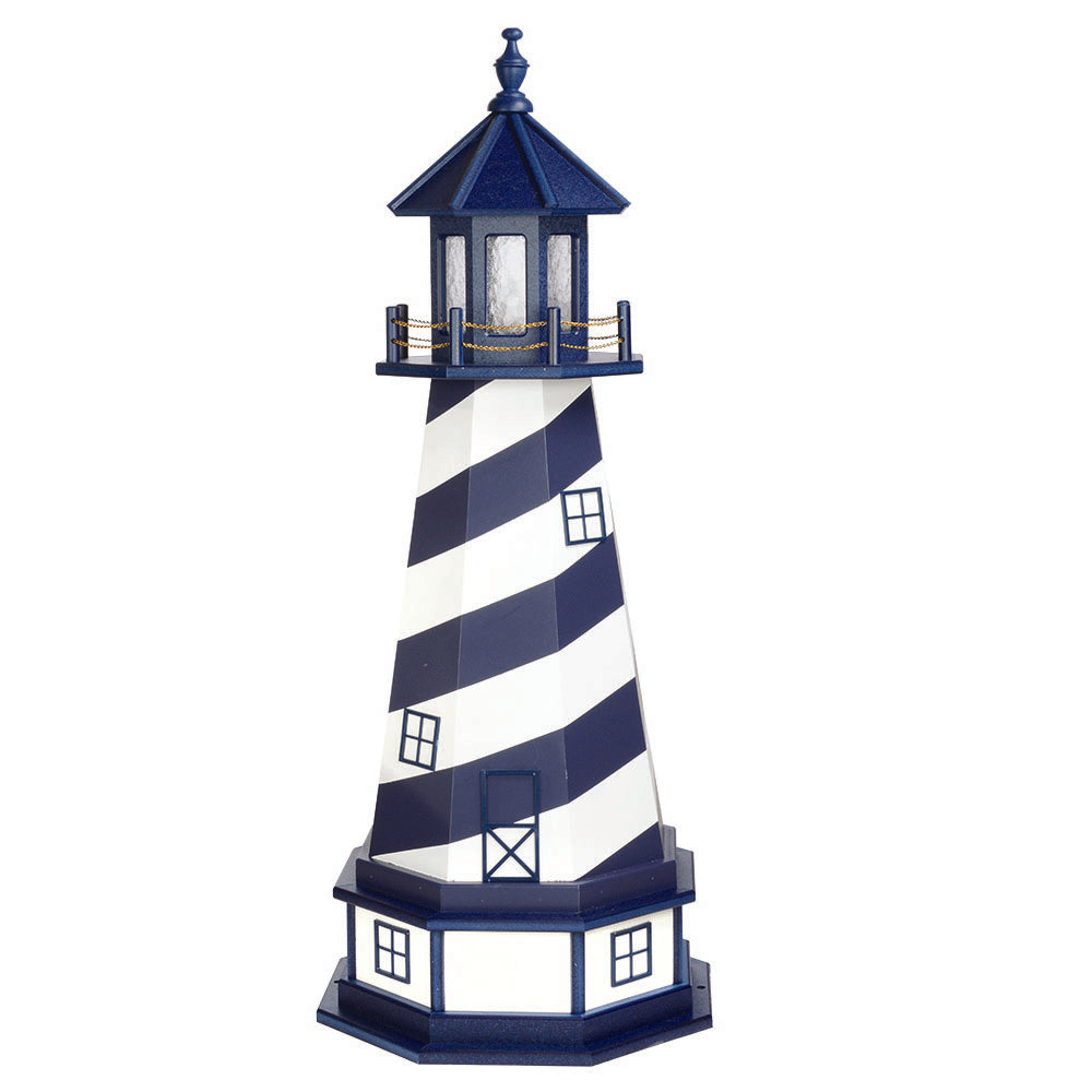 Navy and white spiral striped lighthouse with blue lantern room and a navy base with white paneled windows