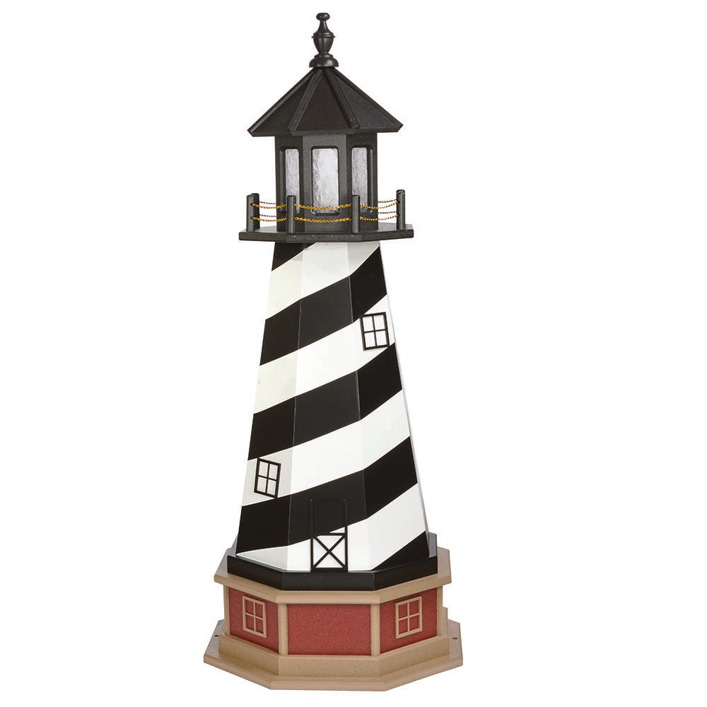 Black and white spiral striped lighthouse with black lantern room on a tan base with red panels and windows