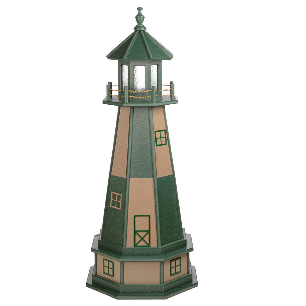 Green and tan paneled lighthouse with green lantern room and chain railing on a matching stepped green and tan base