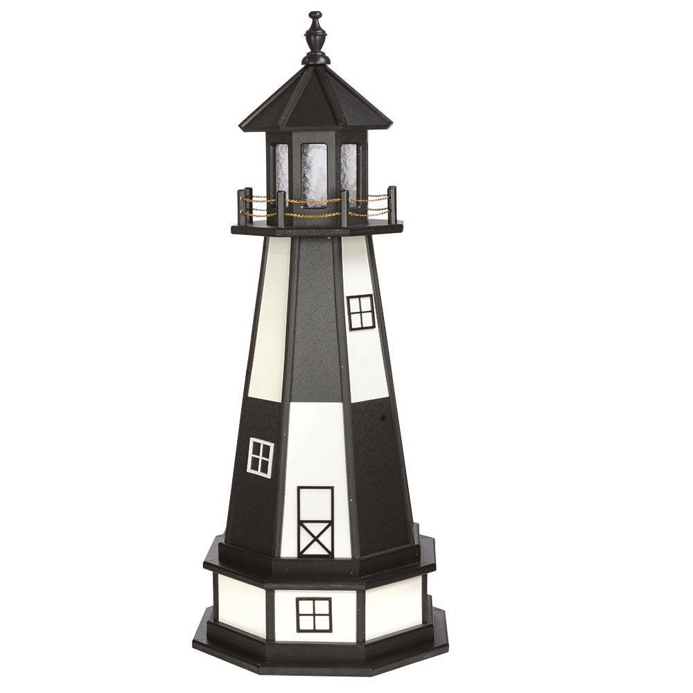 Black lighthouse with white panel accents, window and door outlines, black lantern room and a white paneled base