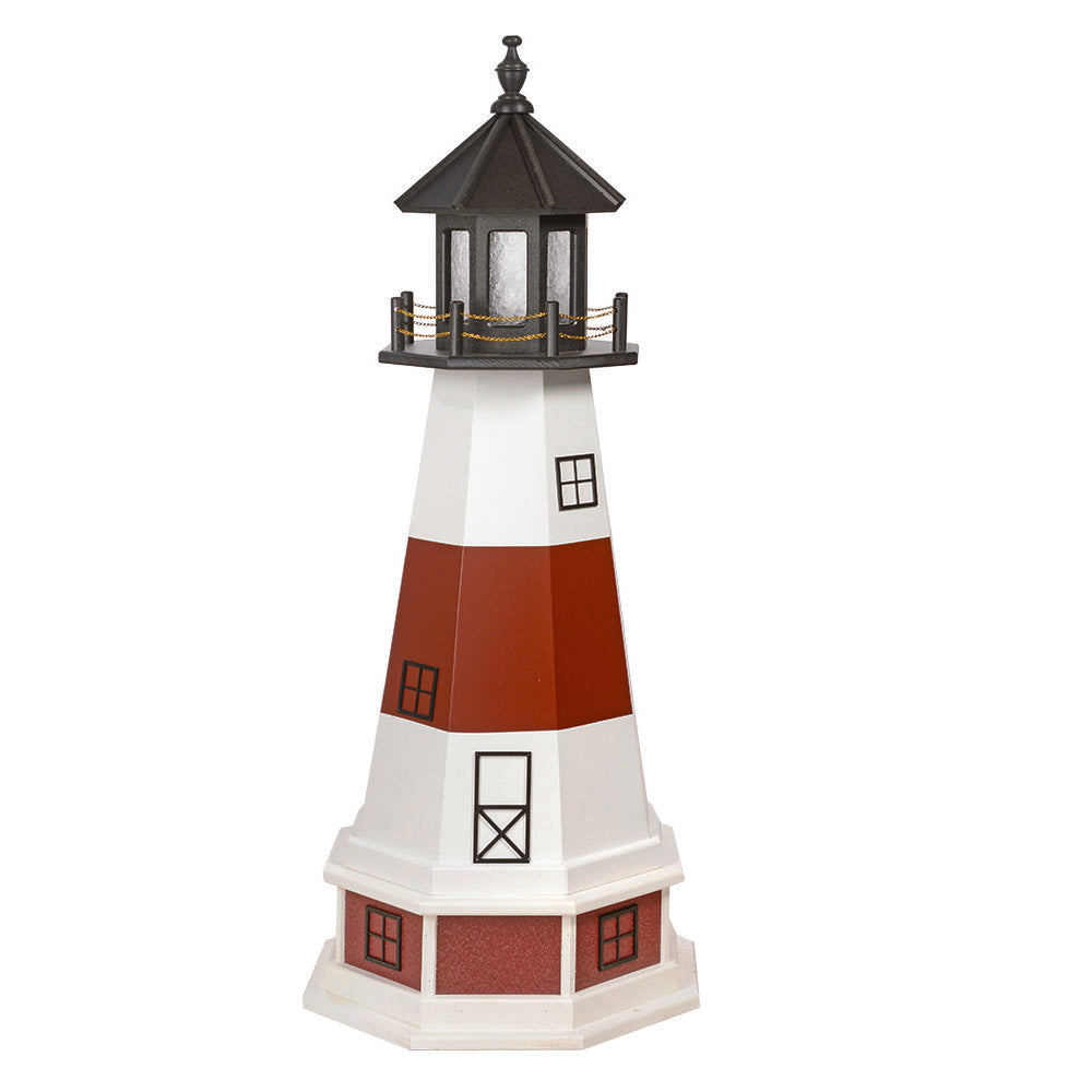 White lighthouse with a cherry red band, black lantern room and a white base with red panels and black windows