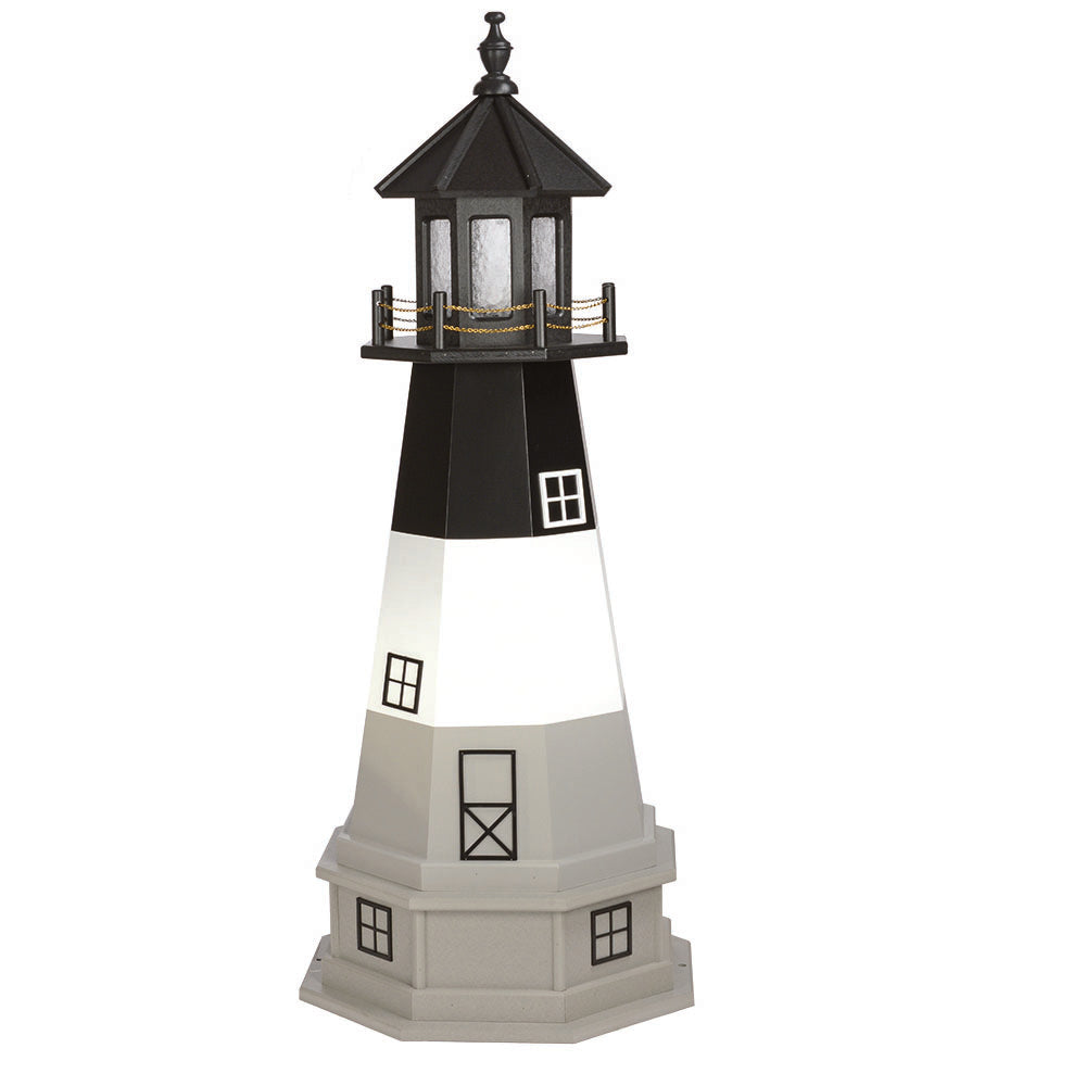 Three tone lighthouse with gray base, white band and black top section, black lantern room and gray paneled base