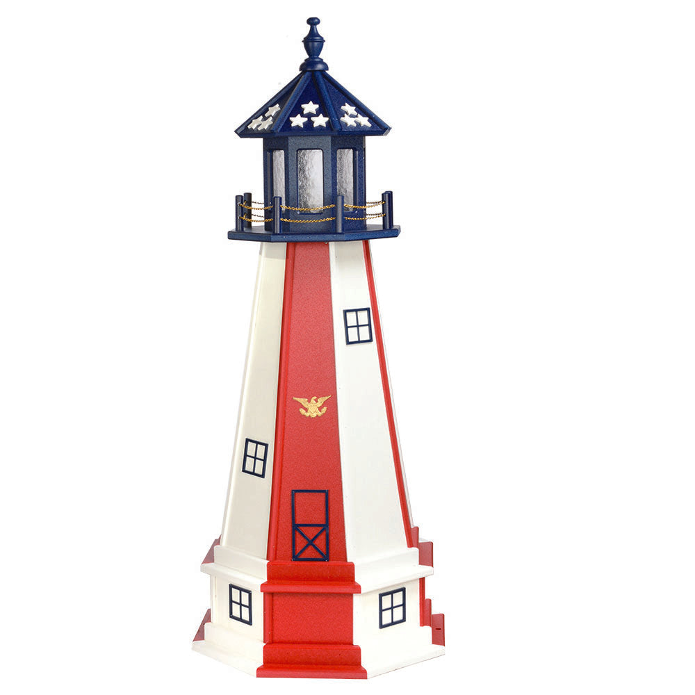 Patriotic lighthouse with white tower, red stripe and gold eagle, blue star lantern room and a white and red base