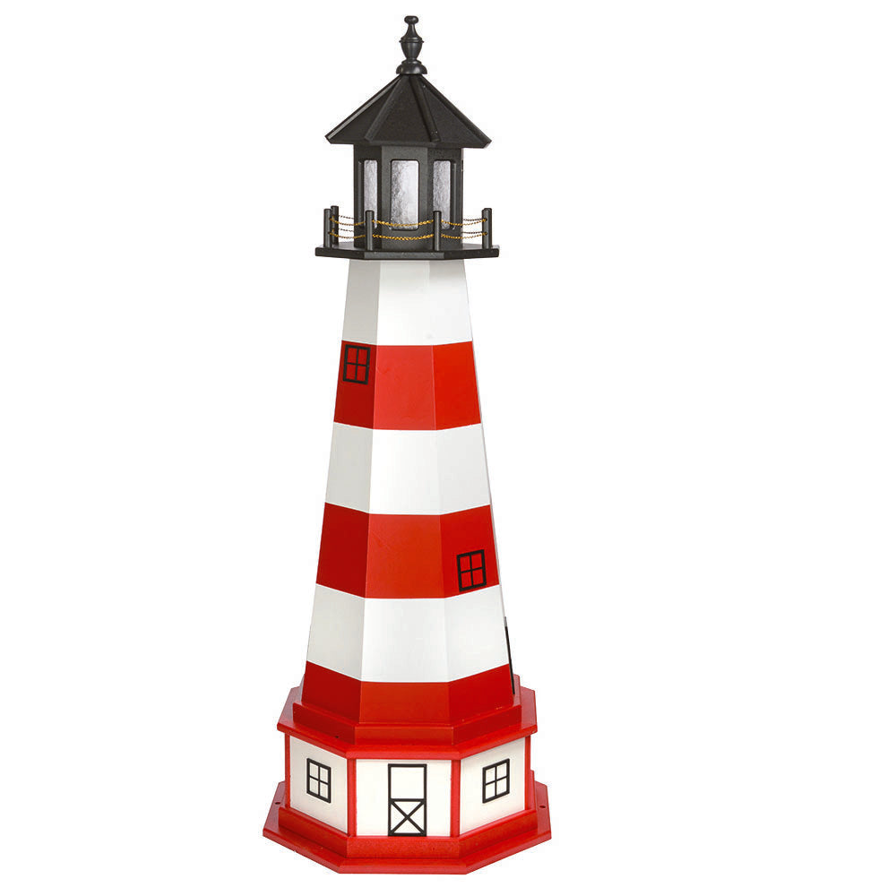 Red and white banded lighthouse with black lantern room, standing on a red base with lit white window panels