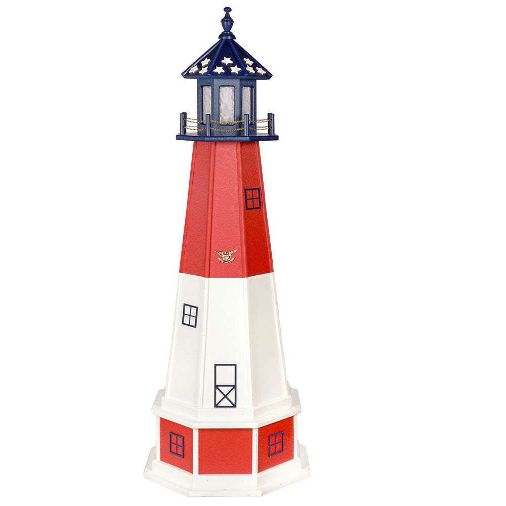 Patriotic lighthouse with white base, red upper tower, gold eagle and a navy lantern room with white stars