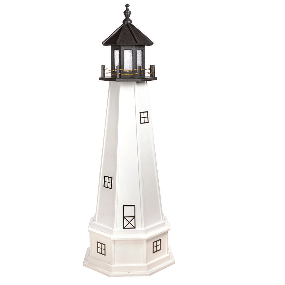 White lighthouse with black lantern room, black window and door outlines and a wide white paneled base