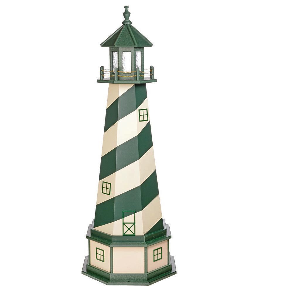 Green and ivory spiral striped lighthouse with green lantern room on an ivory base with green trimmed windows
