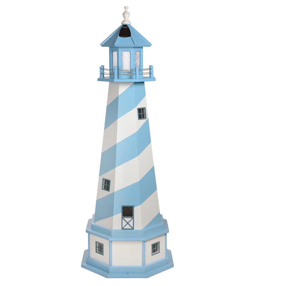 Powder blue and white spiral striped lighthouse with blue lantern room, white finial and a blue trimmed base