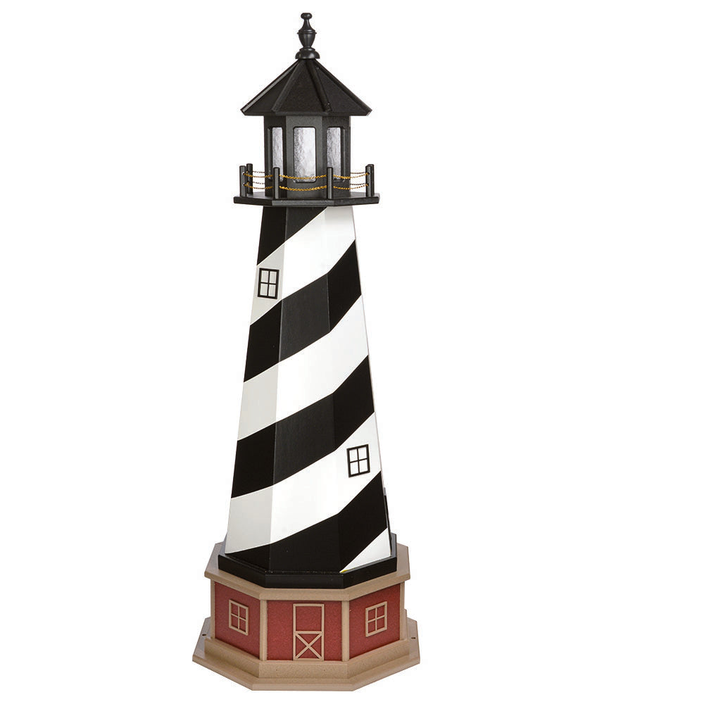 Black and white spiral striped lighthouse with black lantern room on a red brick look base with tan trim