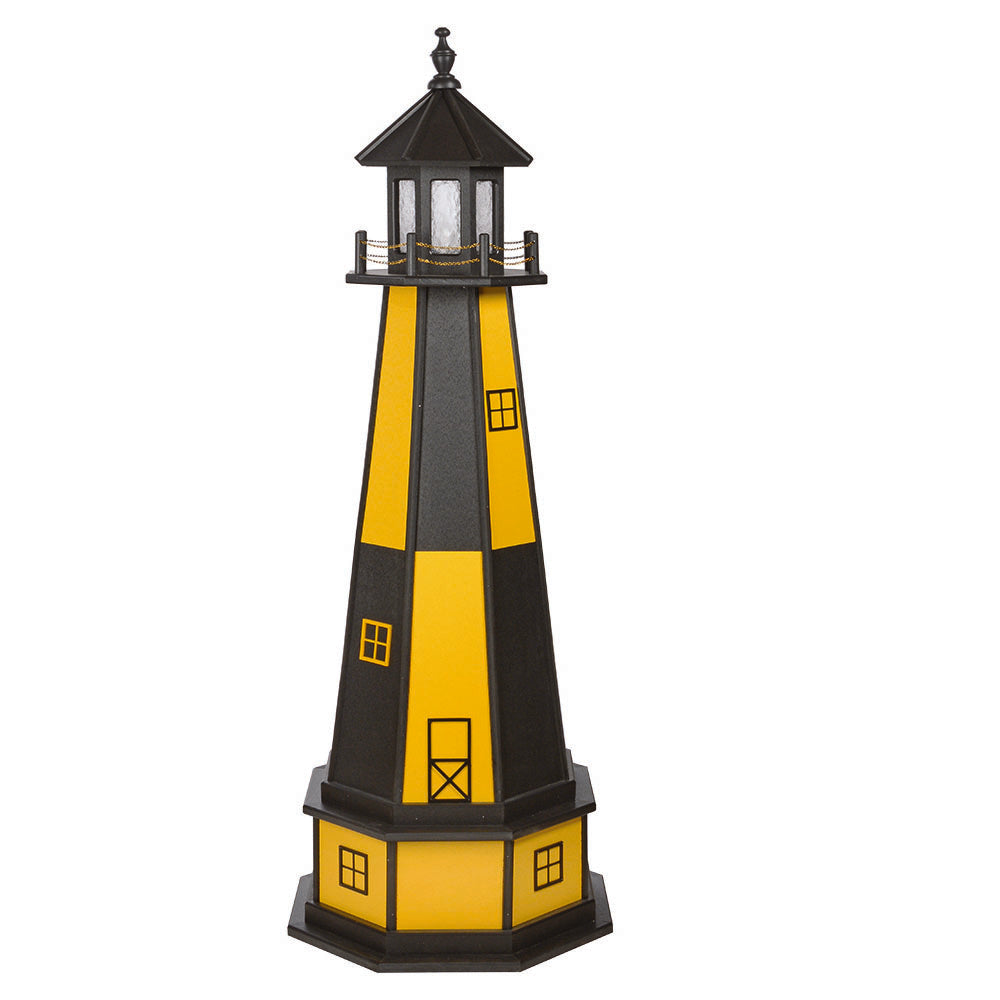 Black and yellow paneled lighthouse with black lantern room, yellow window frames and a matching yellow paneled base