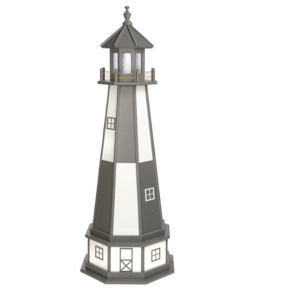 Gray and white paneled lighthouse with gray lantern room, white window panels and a gray trimmed octagonal base