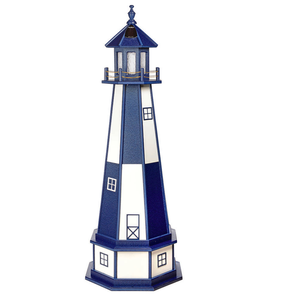 Patriot blue and white paneled lighthouse with blue lantern room and a white paneled base with blue trim