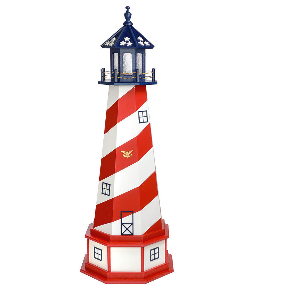 Patriotic red and white spiral striped lighthouse with gold eagle, blue star lantern room and a red and white base