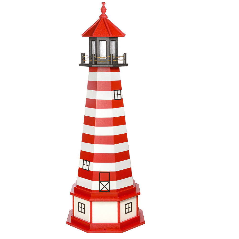 Red and white banded lighthouse with red roofed black lantern room, standing on a red base with ivory panels
