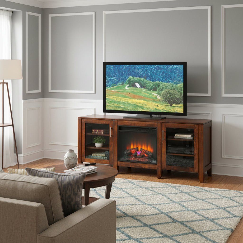 Wooden TV stand with electric fireplace and TV displaying nature scene