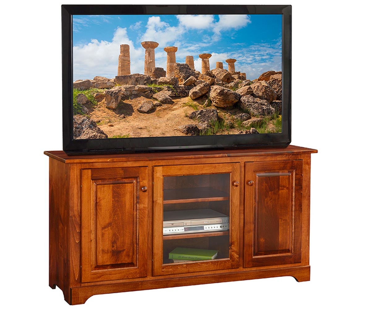 Wooden TV stand with a television displaying a scenic image of ruins.