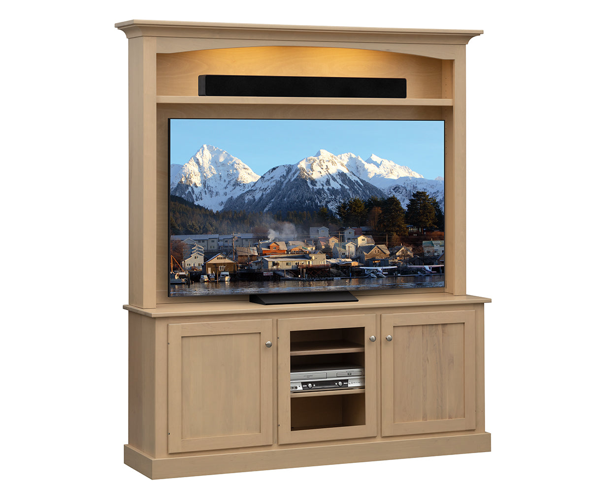 Wooden TV stand with a mounted television displaying a mountain scene.