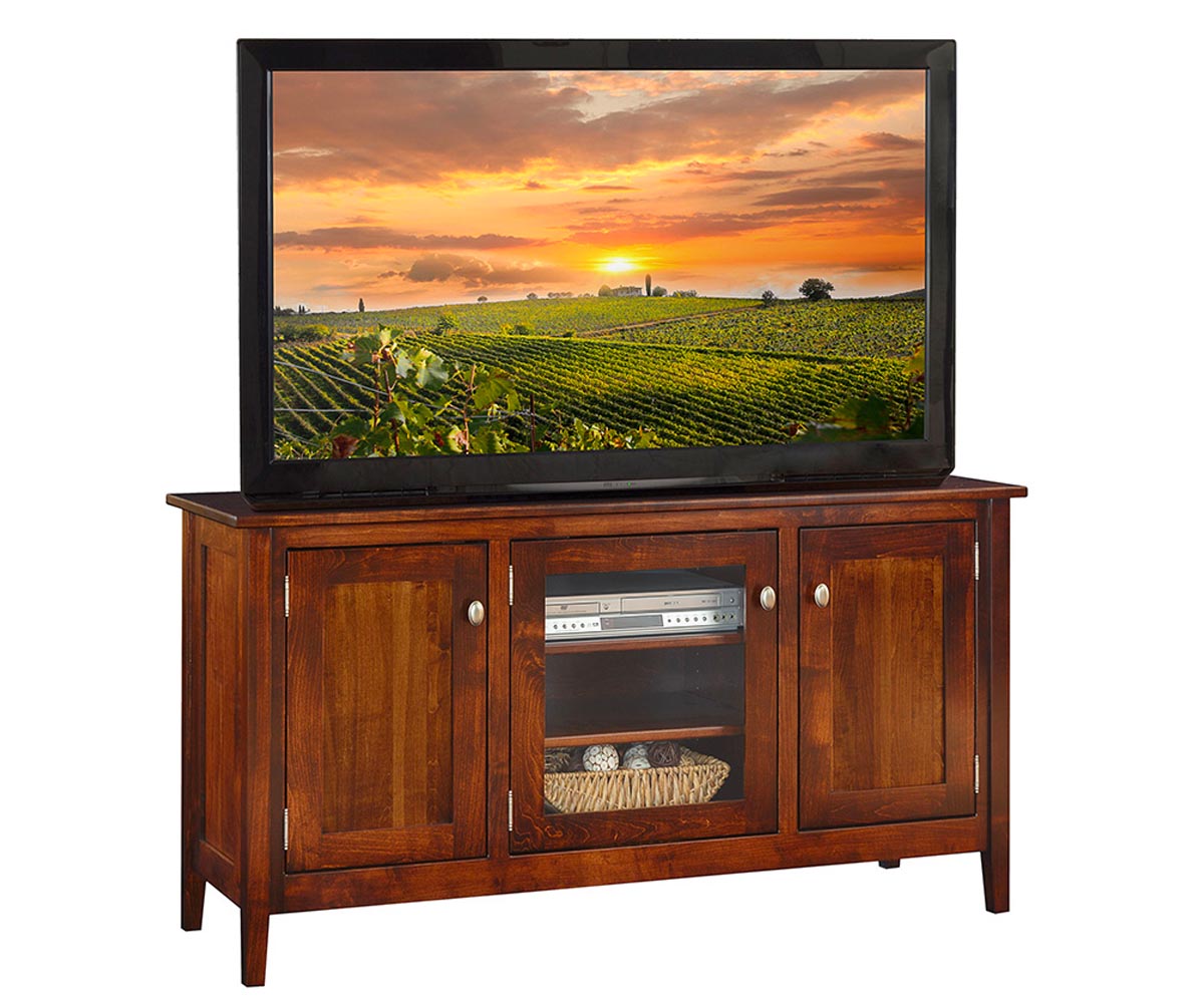 Wooden TV stand with a television displaying a sunset over a vineyard.