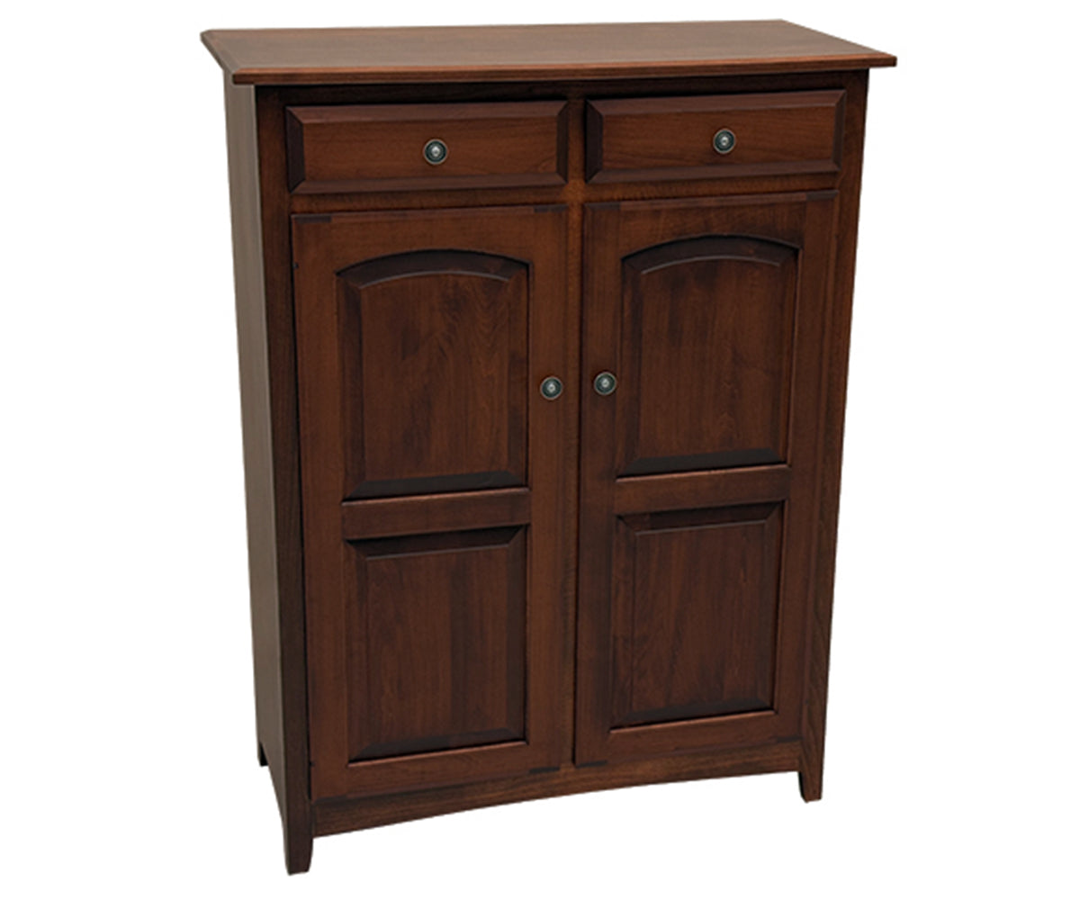 Wooden cabinet with two doors and two drawers on a white background