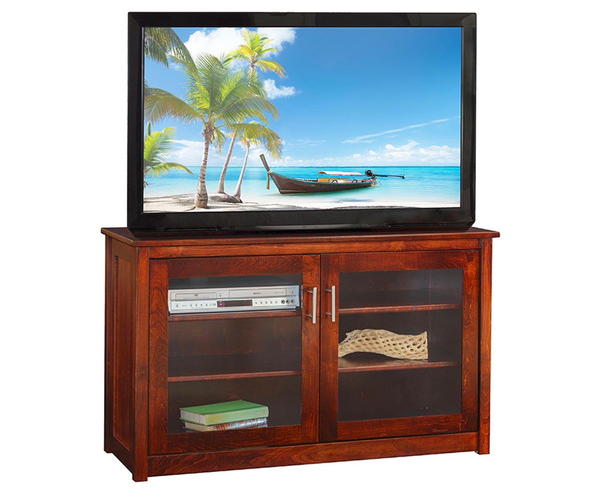 Wooden TV stand with a television displaying a beach scene on a white background