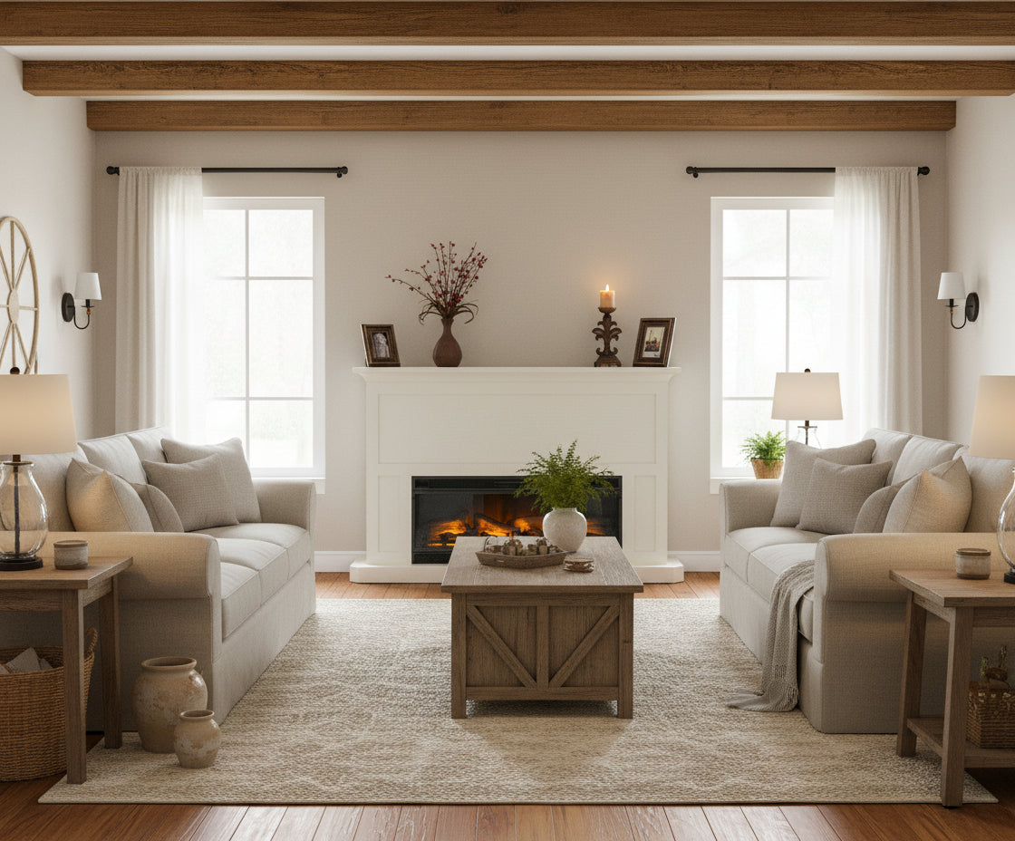 White electric fireplace with decorative items on the mantel against a white background