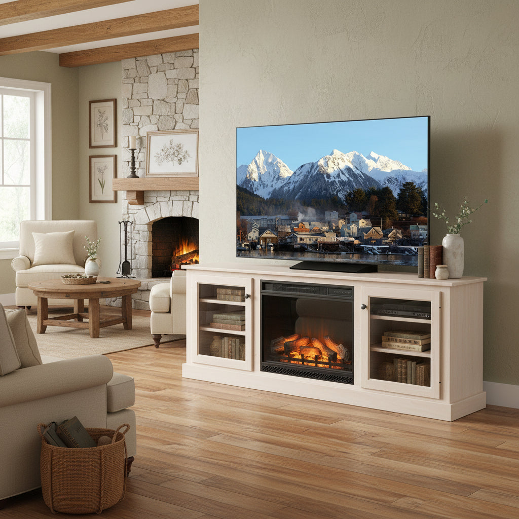 TV on a wooden stand with a fireplace display and mountain scene on screen