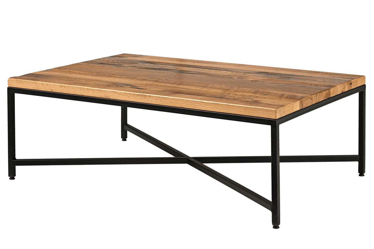 A rectangular coffee table with a rustic light brown wood grain top and a black metal frame base, shown on a plain white background.
