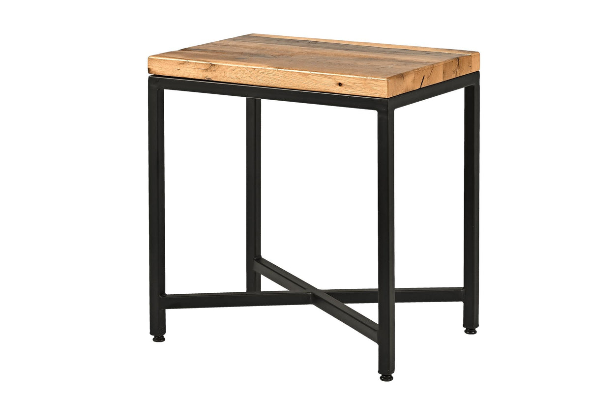 A square side table with a rustic light brown wood top and a black metal frame, shown against a plain white background.