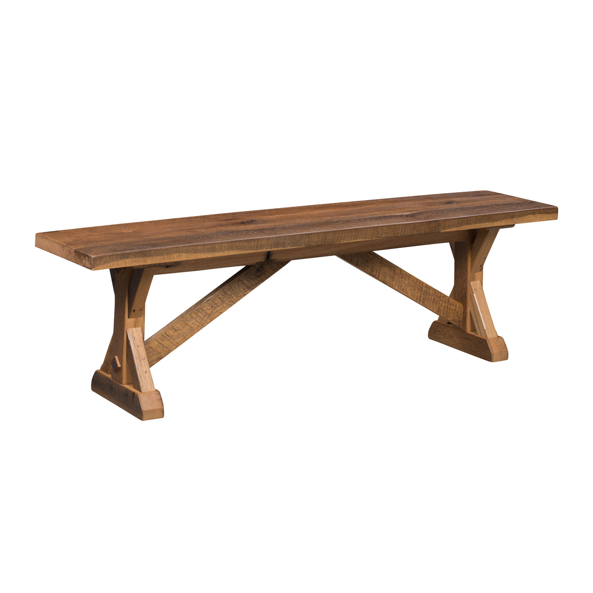 A rustic wooden bench with a thick plank seat and a trestle-style base, shown on a plain white background.