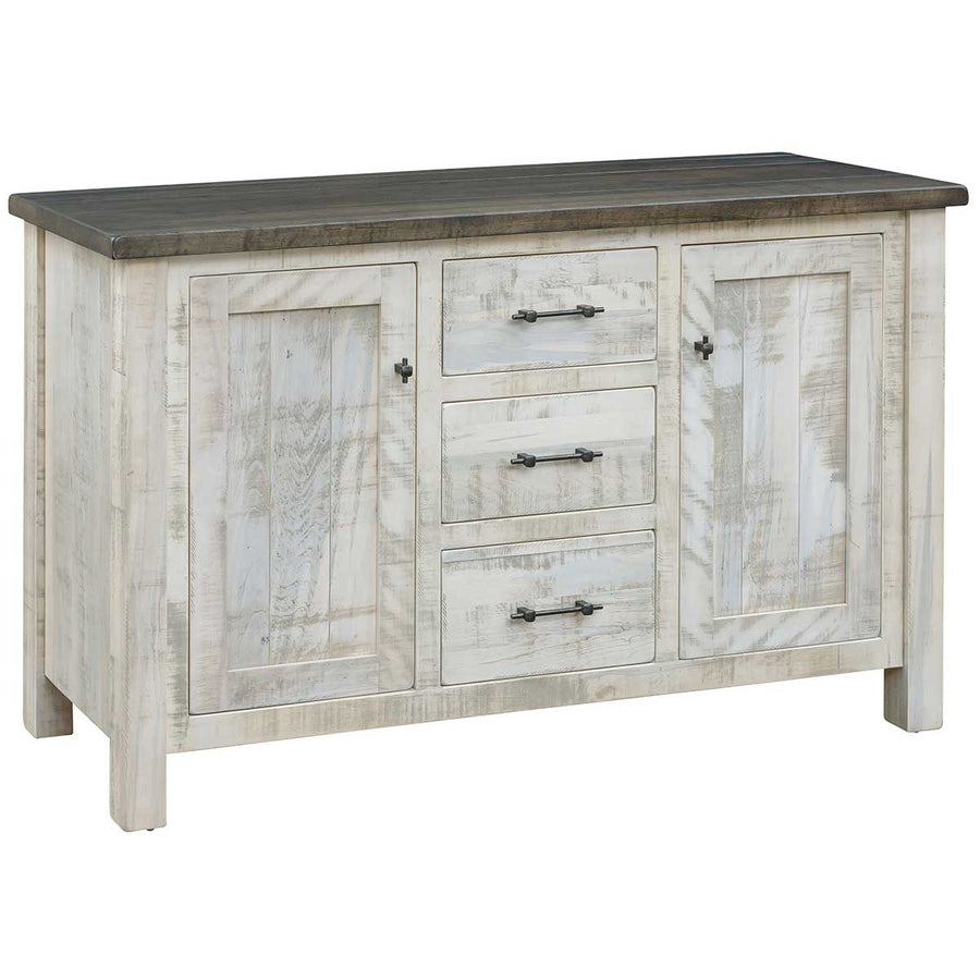 Rustic two-door three-drawer sideboard buffet in distressed white with weathered gray top and black bar pulls