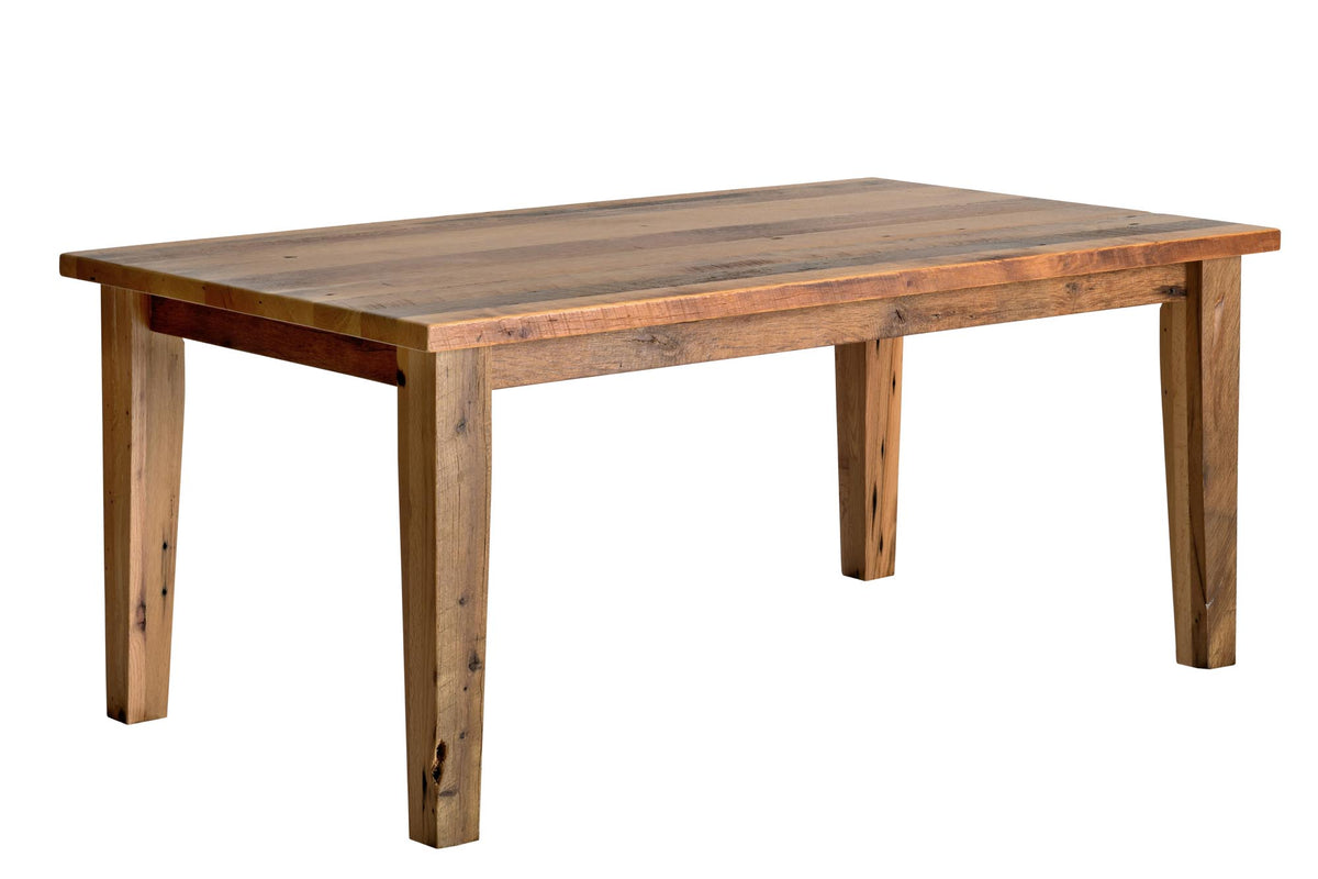 A rustic rectangular wooden dining table with a natural wood grain finish and four sturdy legs, shown against a plain white background.