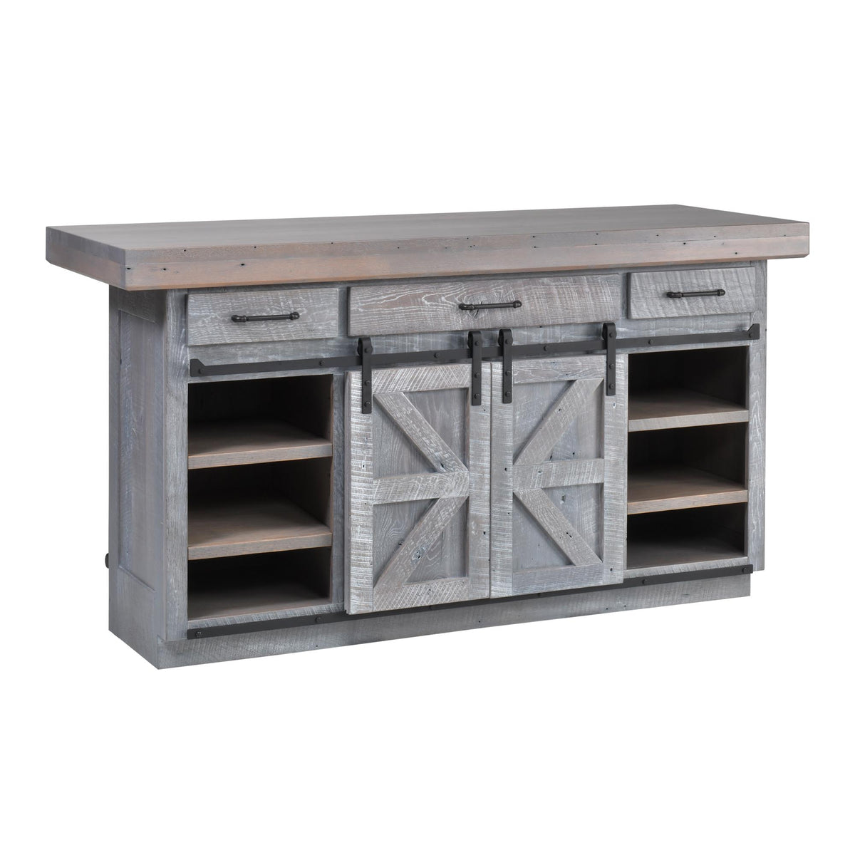 A rustic gray wood credenza with a weathered gray-brown top, three drawers, two barn-style doors with black hardware, and open shelving on both sides, shown on a plain white background.