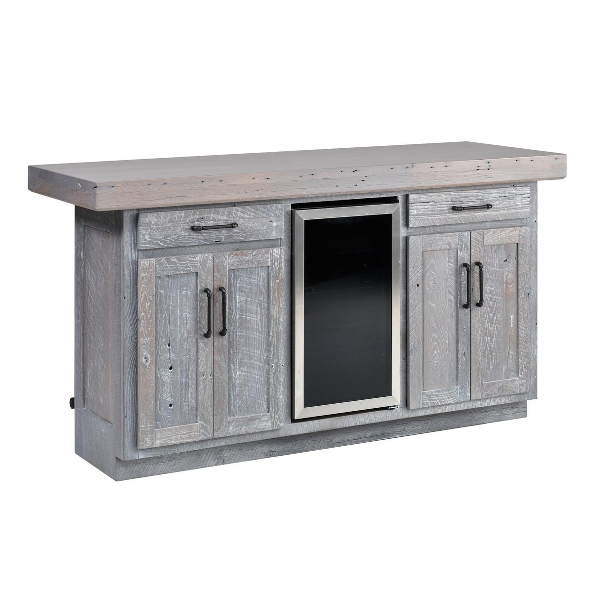 A rustic gray wood bar cart with a thick top countertop, two drawers, two cabinet doors, and a built-in wine cooler in the center, shown on a plain white background.