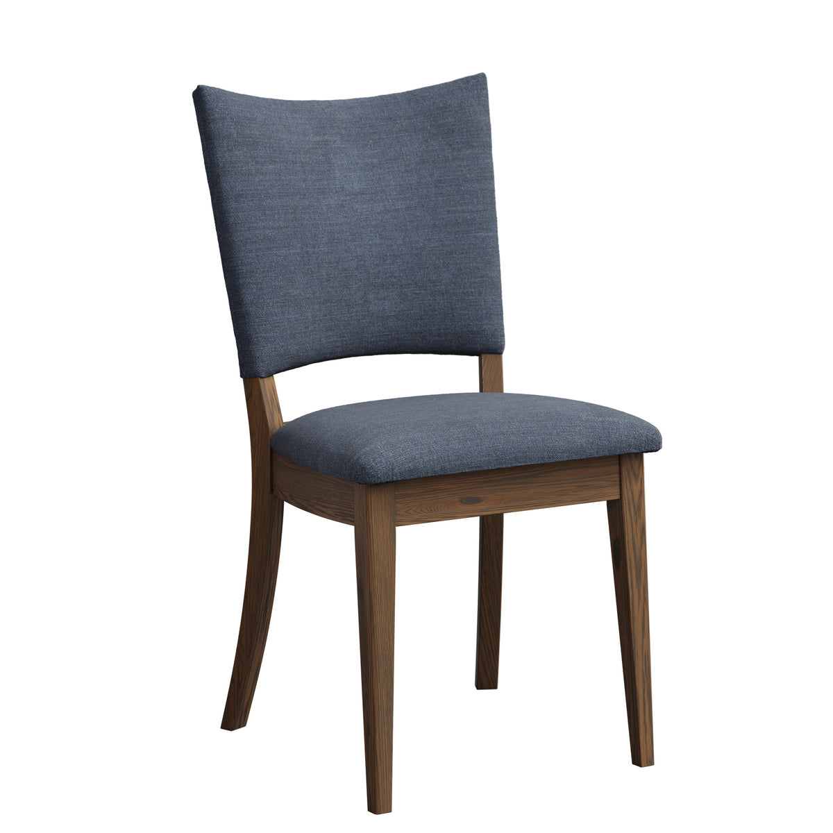 Dining chair with blue upholstered seat and backrest on a white background