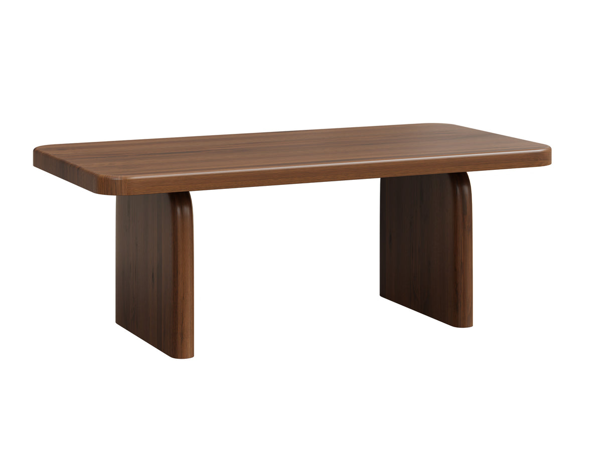 A modern rectangular wooden table with rounded corners and two integrated block-style legs, shown on a plain white background.