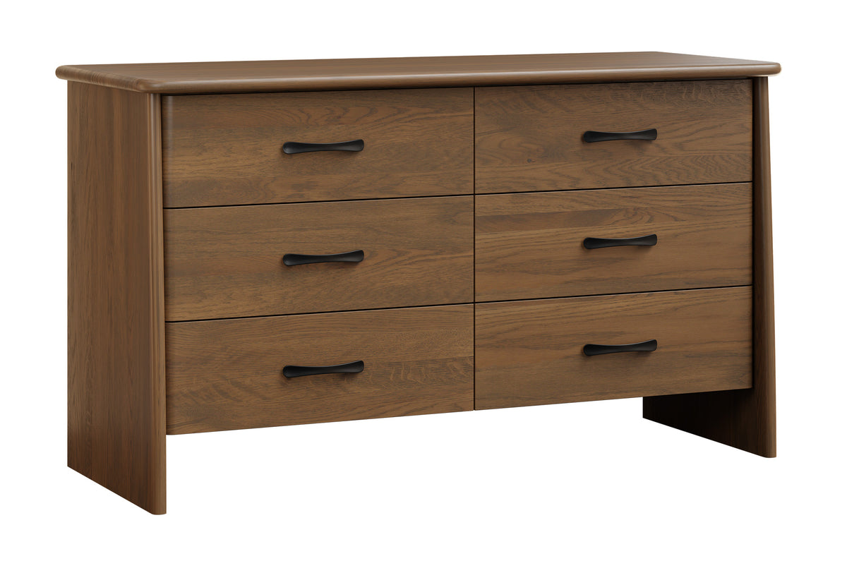 A six-drawer wooden dresser with a medium brown finish and black metal bar handles, shown on a plain white background.